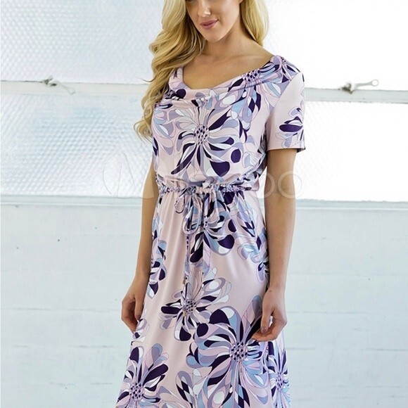 Light pink and blue print midi dress size large NWOT - Picture 1 of 9